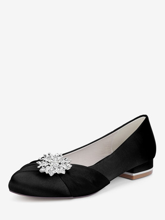 negro Zapatos de boda de satén con punta redonda y diamantes de imitación planos para invitadas de boda