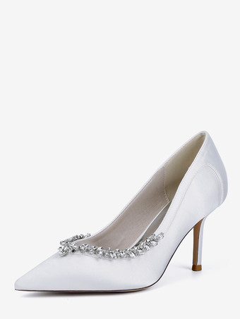 ホワイト アイボリーブライダルシューズ ポインテッドトゥ ラインストーン スリップオン ハイヒールパンプス