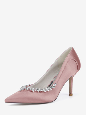 サーモンピンクアイボリーブライダルシューズ ポインテッドトゥ ラインストーン スリップオン ハイヒールパンプス