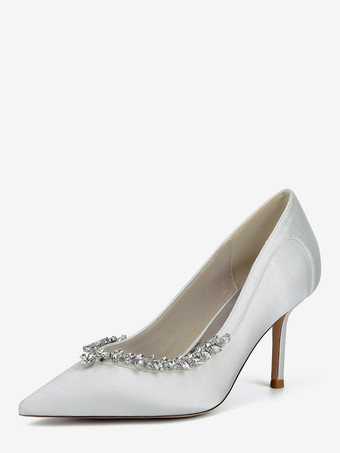 アイボリーアイボリーブライダルシューズ ポインテッドトゥ ラインストーン スリップオン ハイヒールパンプス