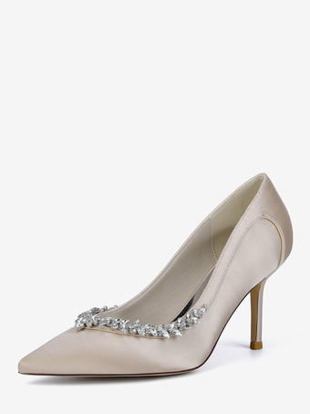 シャンパンカラーアイボリーブライダルシューズ ポインテッドトゥ ラインストーン スリップオン ハイヒールパンプス