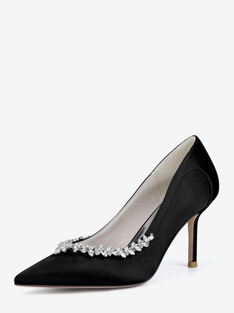 ブラック アイボリーブライダルシューズ ポインテッドトゥ ラインストーン スリップオン ハイヒールパンプス