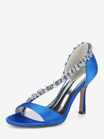 ロイヤルブルーサテンのウェディングシューズ 尖ったつま先 ラインストーン ハイヒール ブライダルシューズ
