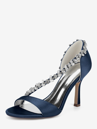 ディープブルーサテンのウェディングシューズ 尖ったつま先 ラインストーン ハイヒール ブライダルシューズ