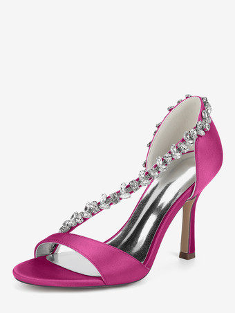 ローズレッドサテンのウェディングシューズ 尖ったつま先 ラインストーン ハイヒール ブライダルシューズ