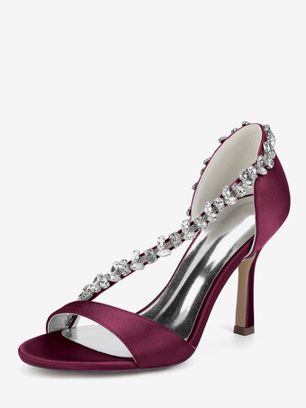 ワインレッド サテンのウェディングシューズ 尖ったつま先 ラインストーン ハイヒール ブライダルシューズ