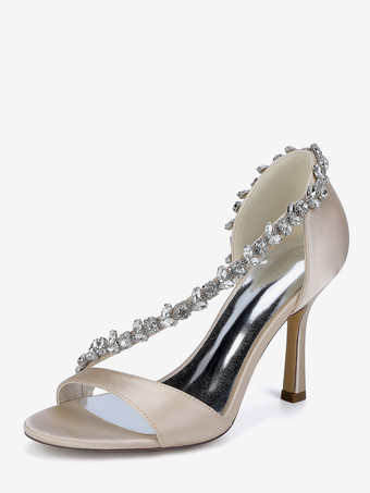 シャンパンカラーサテンのウェディングシューズ 尖ったつま先 ラインストーン ハイヒール ブライダルシューズ