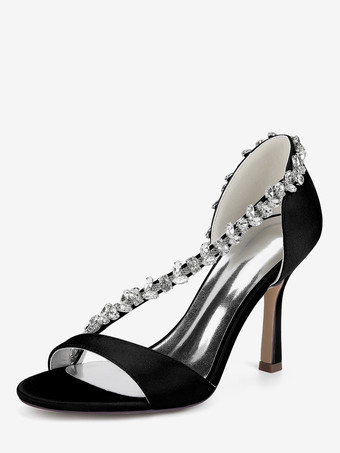 ブラック サテンのウェディングシューズ 尖ったつま先 ラインストーン ハイヒール ブライダルシューズ