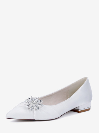 WeißFlache Hochzeitsschuhe Satin Pointed Toe Strasssteine Schuhe für die Brautmutter