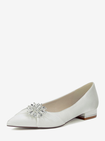 elfenbeinweißFlache Hochzeitsschuhe Satin Pointed Toe Strasssteine Schuhe für die Brautmutter