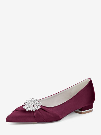 BurgunderrotFlache Hochzeitsschuhe Satin Pointed Toe Strasssteine Schuhe für die Brautmutter