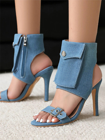 Denim Sandal Booties Open Toe Pocket Detail High Heel Sandal Shoes For Women