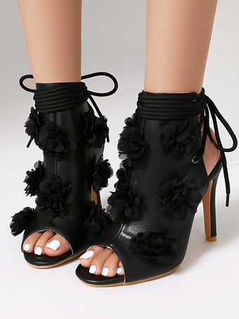 Black Gladiator Sandals Peep Toe Flowers Detail Lace Up High Heel Bootie Sandals