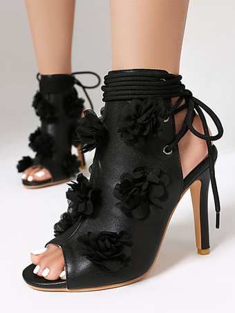 Black Black Gladiator Sandals Peep Toe Flowers Detail Lace Up High Heel Bootie Sandals