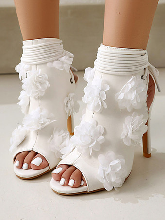 Black Gladiator Sandals Peep Toe Flowers Detail Lace Up High Heel Bootie Sandals