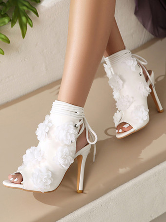 White Black Gladiator Sandals Peep Toe Flowers Detail Lace Up High Heel Bootie Sandals