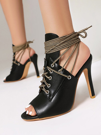 SchwarzSchwarze Sandaletten-Booties mit offener Spitze und Schnürung High Heel-Stiefel für Damen