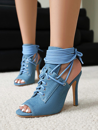 Hellschiefergrau Schwarze Sandaletten-Booties mit offener Spitze und Schnürung High Heel-Stiefel für Damen