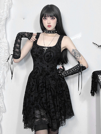   Robe courte sans bretelles brodée style gothique lolita bordure en dentelle série sombre costumes d'  et de cosplay