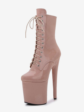 アプリコットピンクのセクシーなブーツ プラットフォーム ラウンドトゥ レースアップ ポールダンスシューズ