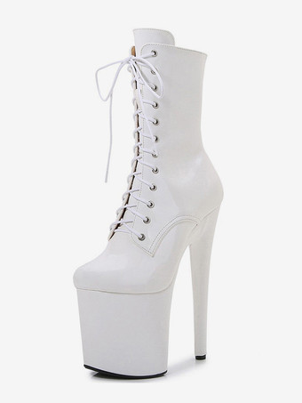 ピンクのセクシーなブーツ プラットフォーム ラウンドトゥ レースアップ ポールダンスシューズ