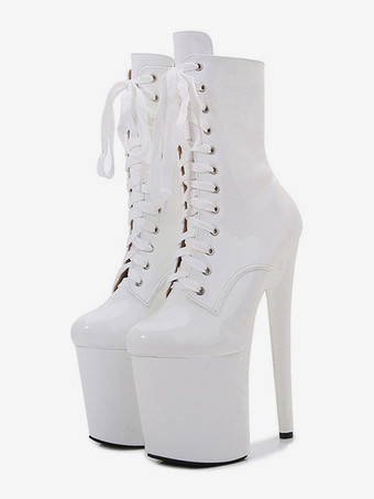 ホワイト ピンクのセクシーなブーツ プラットフォーム ラウンドトゥ レースアップ ポールダンスシューズ