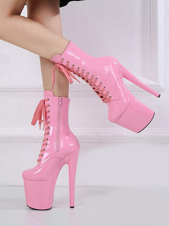 ピンク ピンクのセクシーなブーツ プラットフォーム ラウンドトゥ レースアップ ポールダンスシューズ