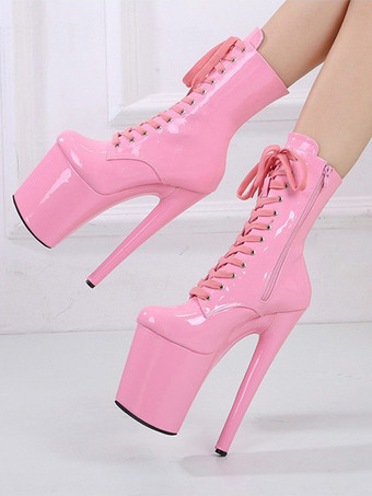 ピンクのセクシーなブーツ プラットフォーム ラウンドトゥ レースアップ ポールダンスシューズ