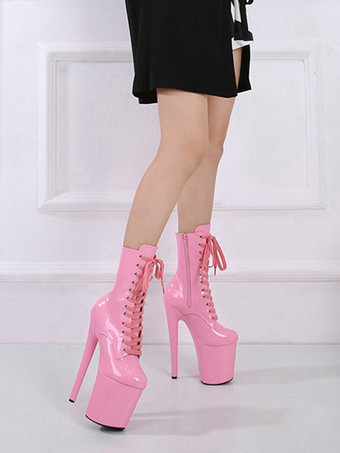 ピンクのセクシーなブーツ プラットフォーム ラウンドトゥ レースアップ ポールダンスシューズ