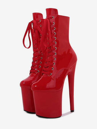 レッド ピンクのセクシーなブーツ プラットフォーム ラウンドトゥ レースアップ ポールダンスシューズ