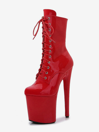 ピンクのセクシーなブーツ プラットフォーム ラウンドトゥ レースアップ ポールダンスシューズ