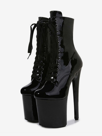 ブラック ピンクのセクシーなブーツ プラットフォーム ラウンドトゥ レースアップ ポールダンスシューズ