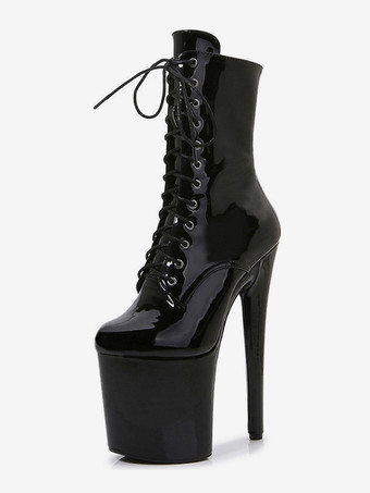 ピンクのセクシーなブーツ プラットフォーム ラウンドトゥ レースアップ ポールダンスシューズ