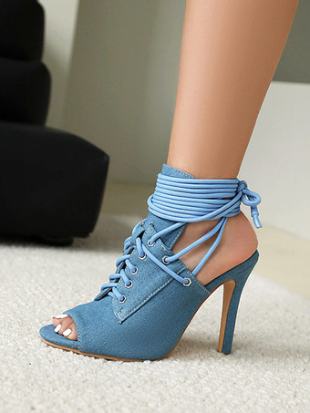 Schwarze Sandaletten-Booties mit offener Spitze und Schnürung High Heel-Stiefel für Damen