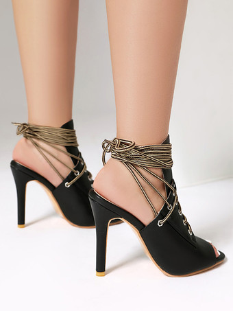 Schwarze Sandaletten-Booties mit offener Spitze und Schnürung High Heel-Stiefel für Damen