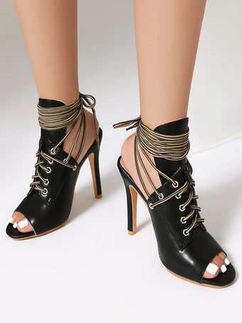 Schwarze Sandaletten-Booties mit offener Spitze und Schnürung High Heel-Stiefel für Damen