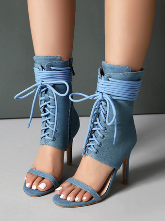 ライトスカイブルーハイヒールサンダルブーティオープントゥレースアップサンダルシューズレディース
