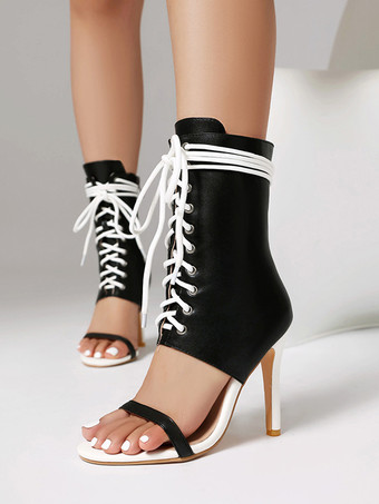 ブラック ハイヒールサンダルブーティオープントゥレースアップサンダルシューズレディース
