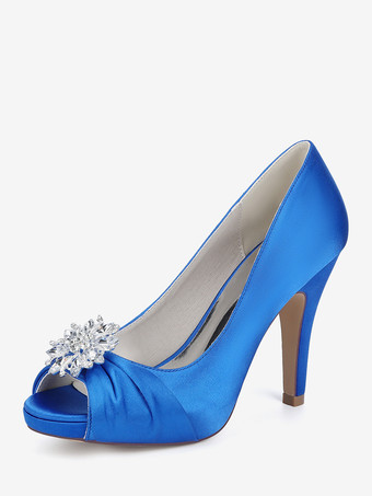 Bleu royalChaussures de mariée en satin à bout ouvert et talons hauts plissés avec strass