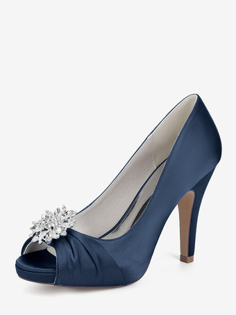 bleu foncé Chaussures de mariée en satin à bout ouvert et talons hauts plissés avec strass