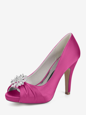 Rouge roséChaussures de mariée en satin à bout ouvert et talons hauts plissés avec strass