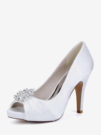 blanc Chaussures de mariée en satin à bout ouvert et talons hauts plissés avec strass