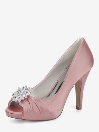 Saumon RoseChaussures de mariée en satin à bout ouvert et talons hauts plissés avec strass