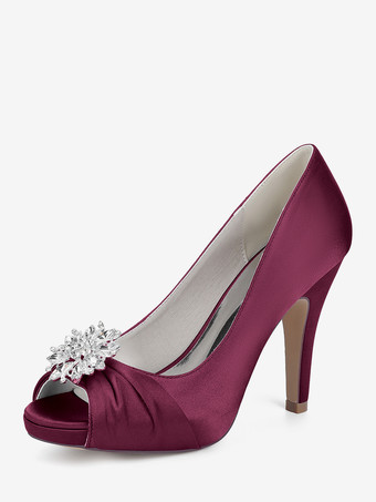 BordeauxChaussures de mariée en satin à bout ouvert et talons hauts plissés avec strass