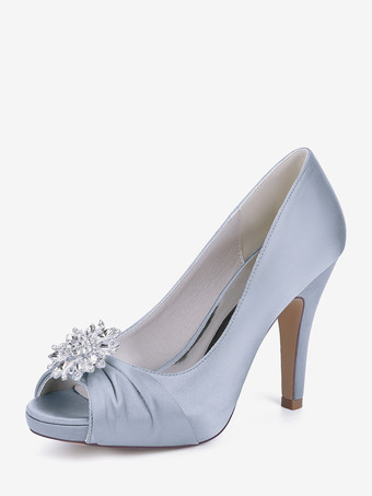 argent Chaussures de mariée en satin à bout ouvert et talons hauts plissés avec strass