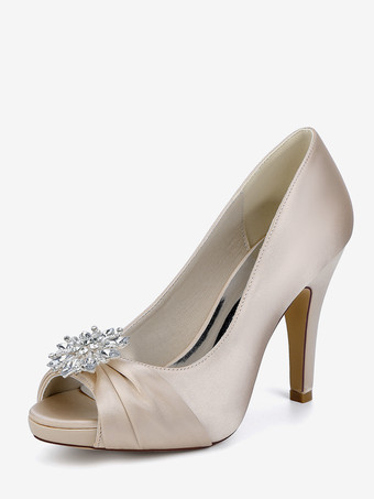 champagne Chaussures de mariée en satin à bout ouvert et talons hauts plissés avec strass