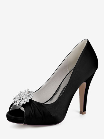 noir Chaussures de mariée en satin à bout ouvert et talons hauts plissés avec strass