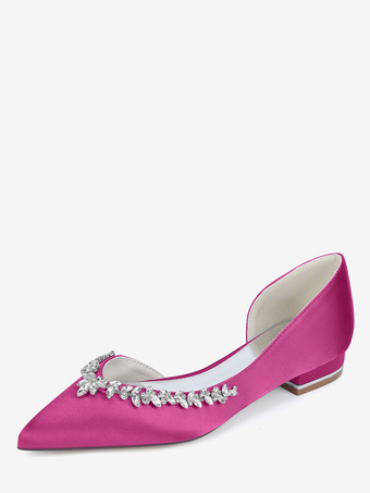 ローズレッドアイボリー フラット ウェディング シューズ サテン ポインテッド トゥ ラインストーン ブライダル シューズ