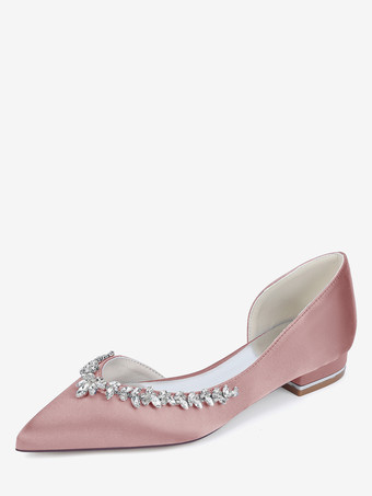 サーモンピンクアイボリー フラット ウェディング シューズ サテン ポインテッド トゥ ラインストーン ブライダル シューズ