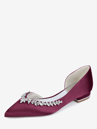 ワインレッド アイボリー フラット ウェディング シューズ サテン ポインテッド トゥ ラインストーン ブライダル シューズ
